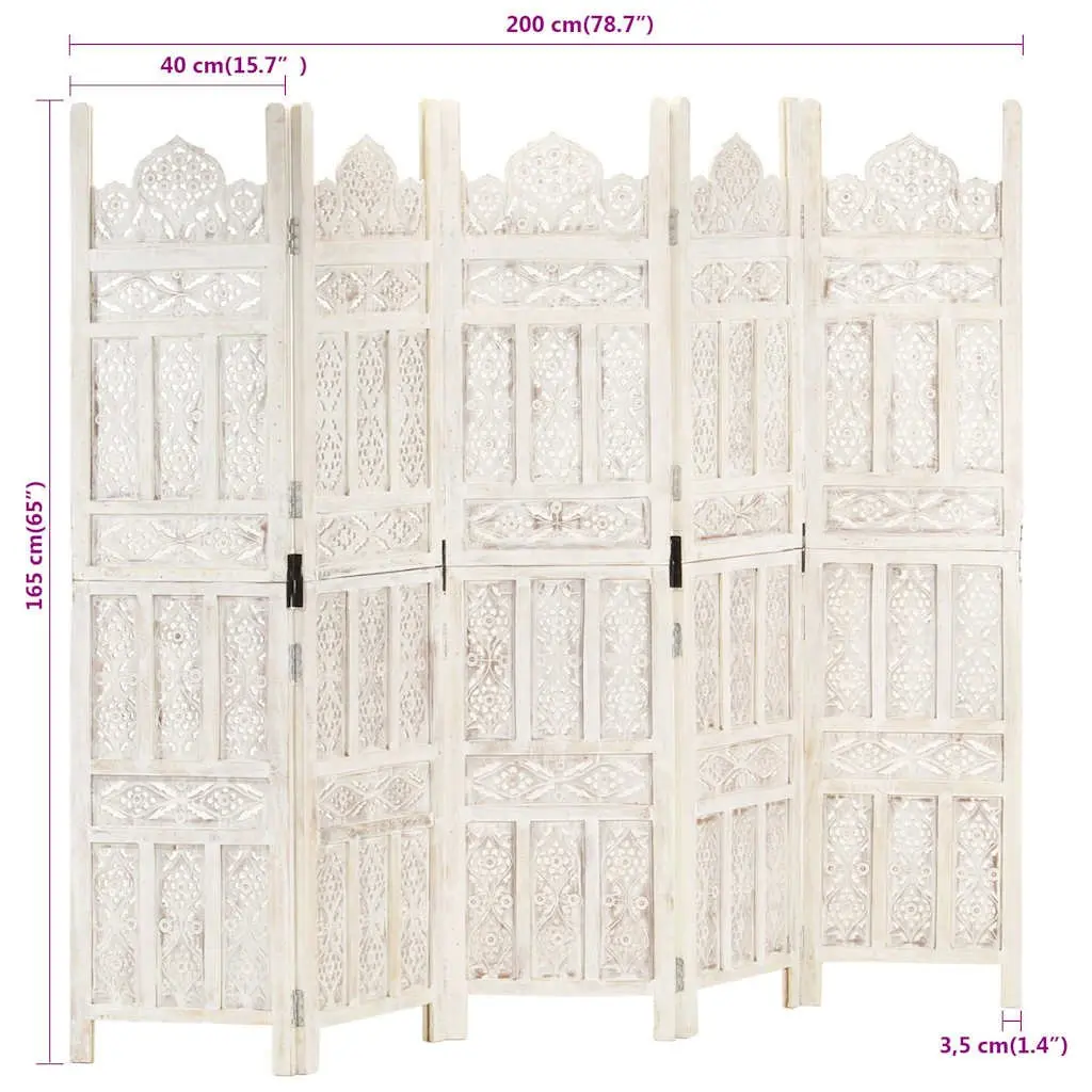 Hand Carved 5 Panel Room Divider Screen White Folding Privacy Partition