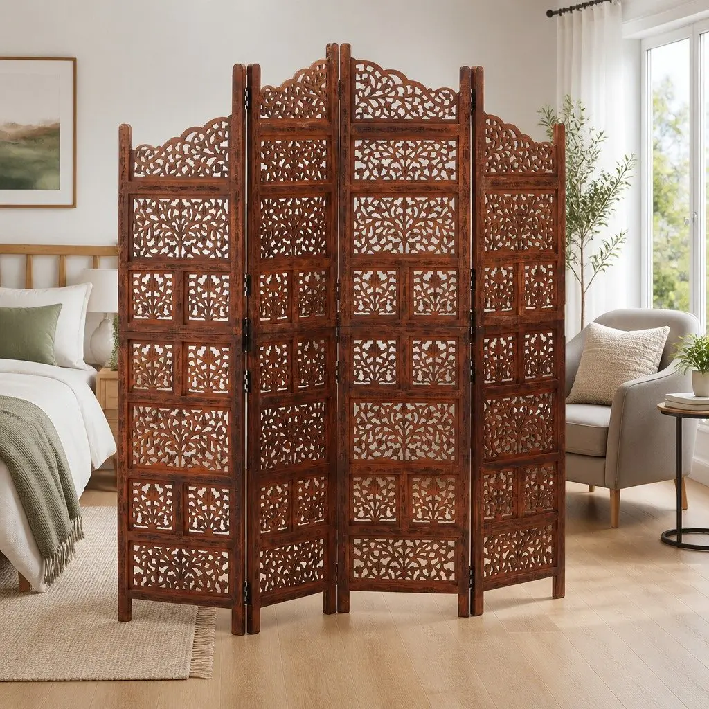 4-Panel Room Divider 160 x 165 cm Hand Carved Wooden Folding Privacy Partition