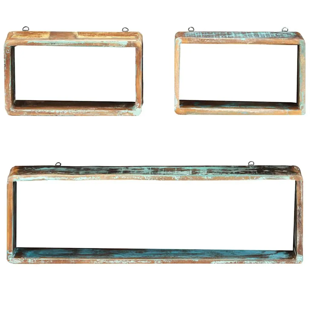 Set of 3 Floating Cube Shelves Solid Reclaimed Wood Natural Finish Home Storage Display