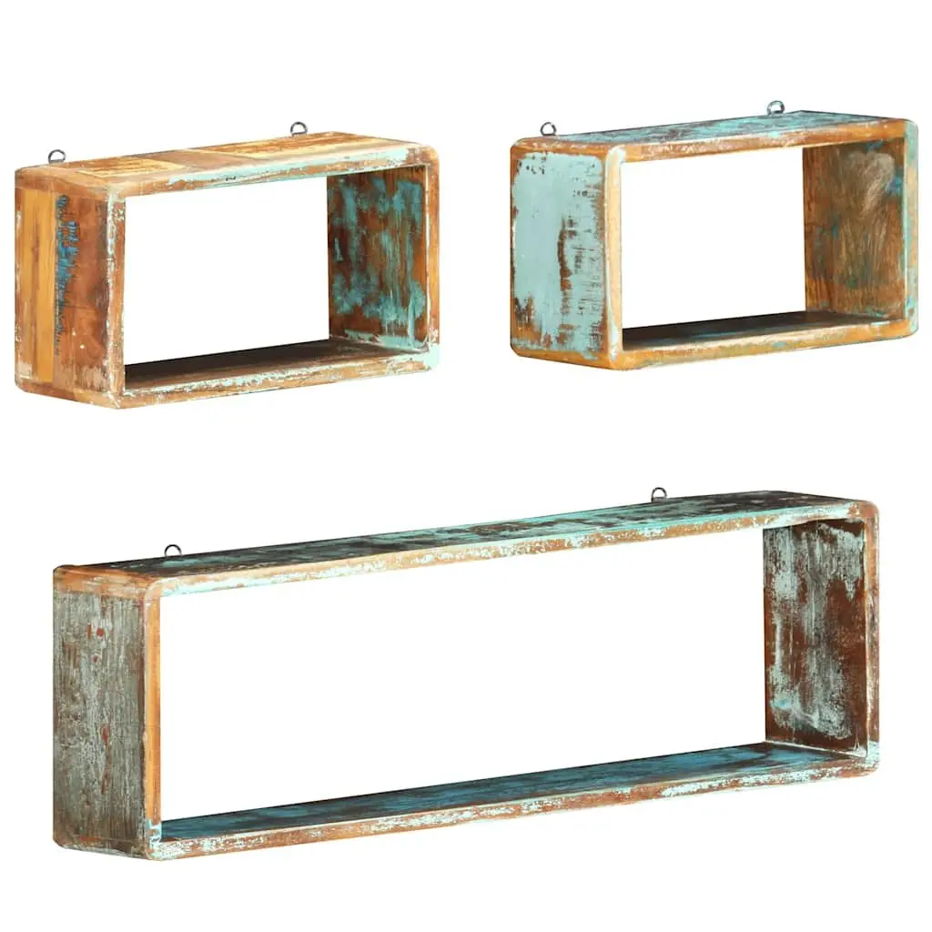 Set of 3 Floating Cube Shelves Solid Reclaimed Wood Natural Finish Home Storage Display