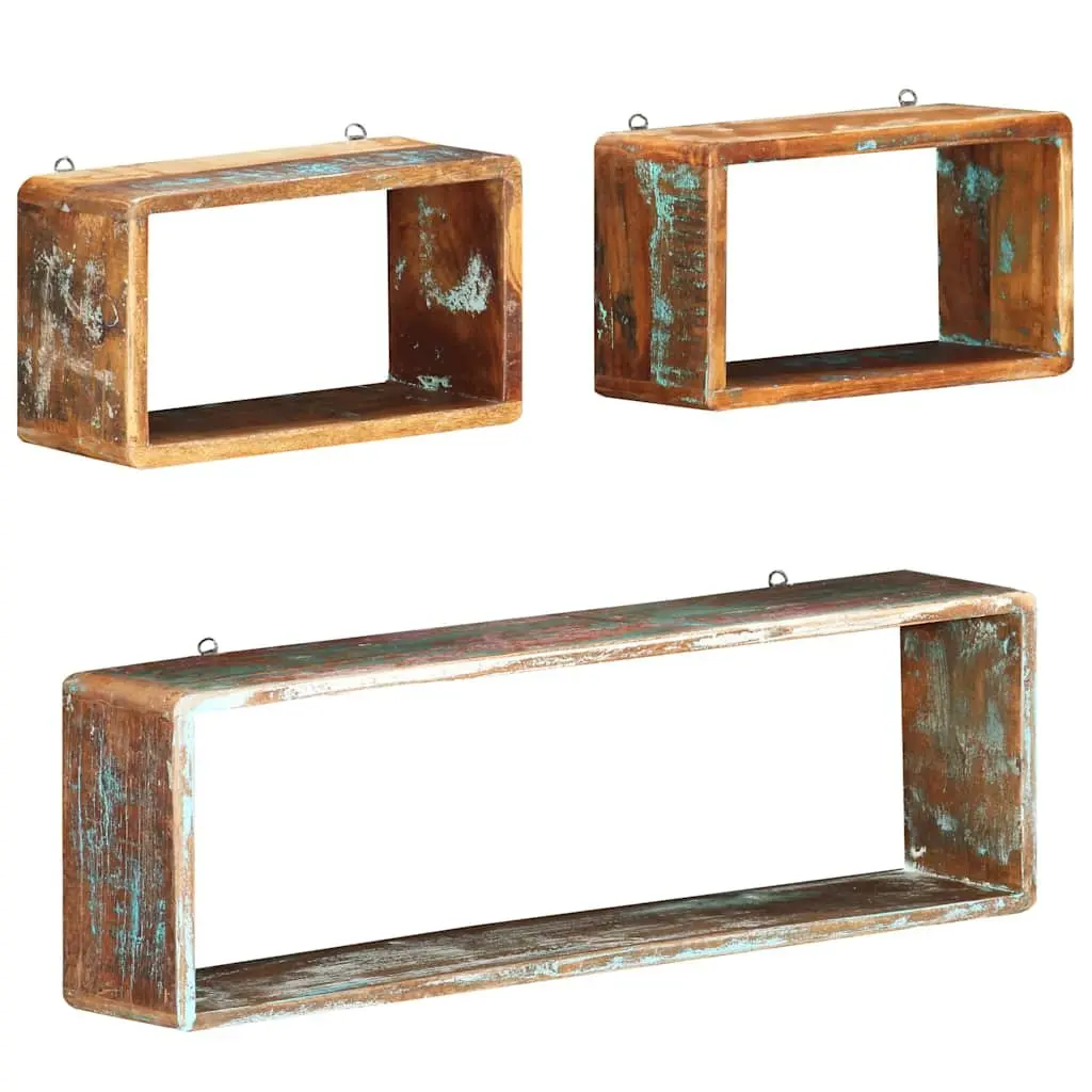 Set of 3 Floating Cube Shelves Solid Reclaimed Wood Natural Finish Home Storage Display