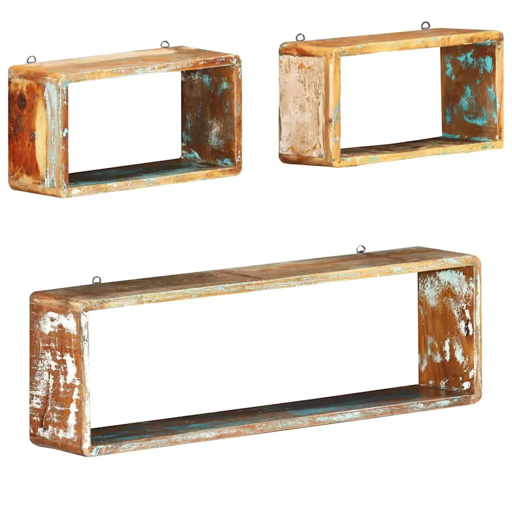 Set of 3 Floating Cube Shelves Solid Reclaimed Wood Natural Finish Home Storage Display