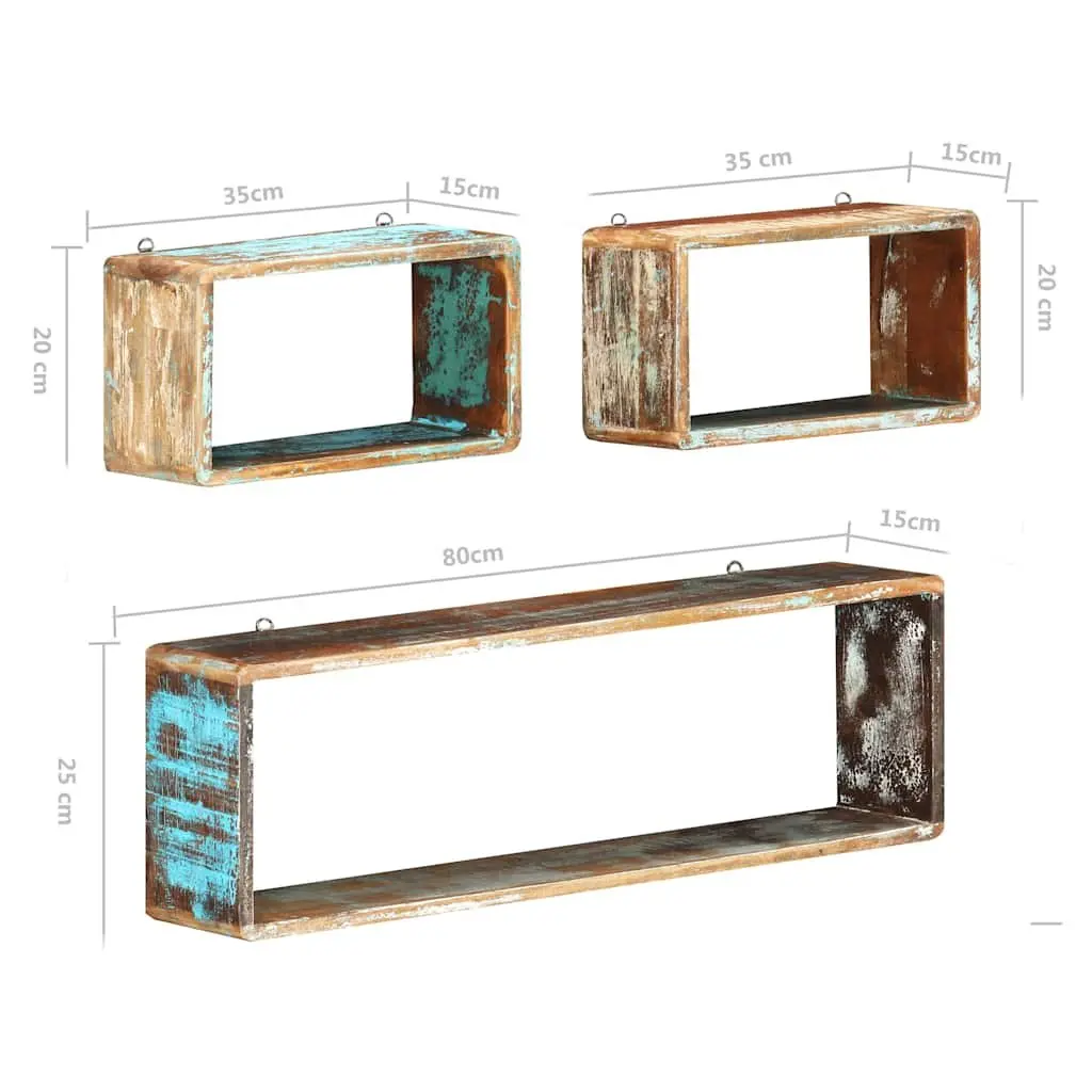 Set of 3 Floating Cube Shelves Solid Reclaimed Wood Natural Finish Home Storage Display