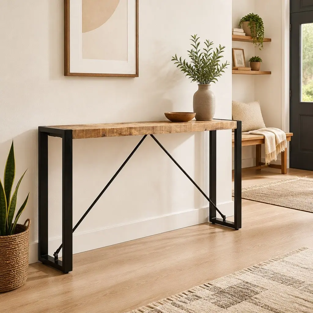 Console Table 150x35x76cm Solid Mango Wood Industrial Steel Legs