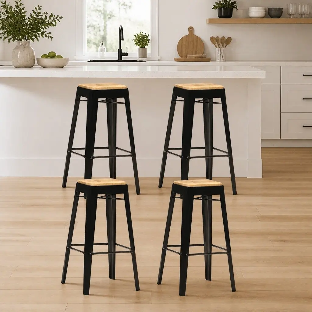 4 Piece Set Bar Stools Solid Mango Wood Black Kitchen Dining Chairs with Powder Coated Steel Legs