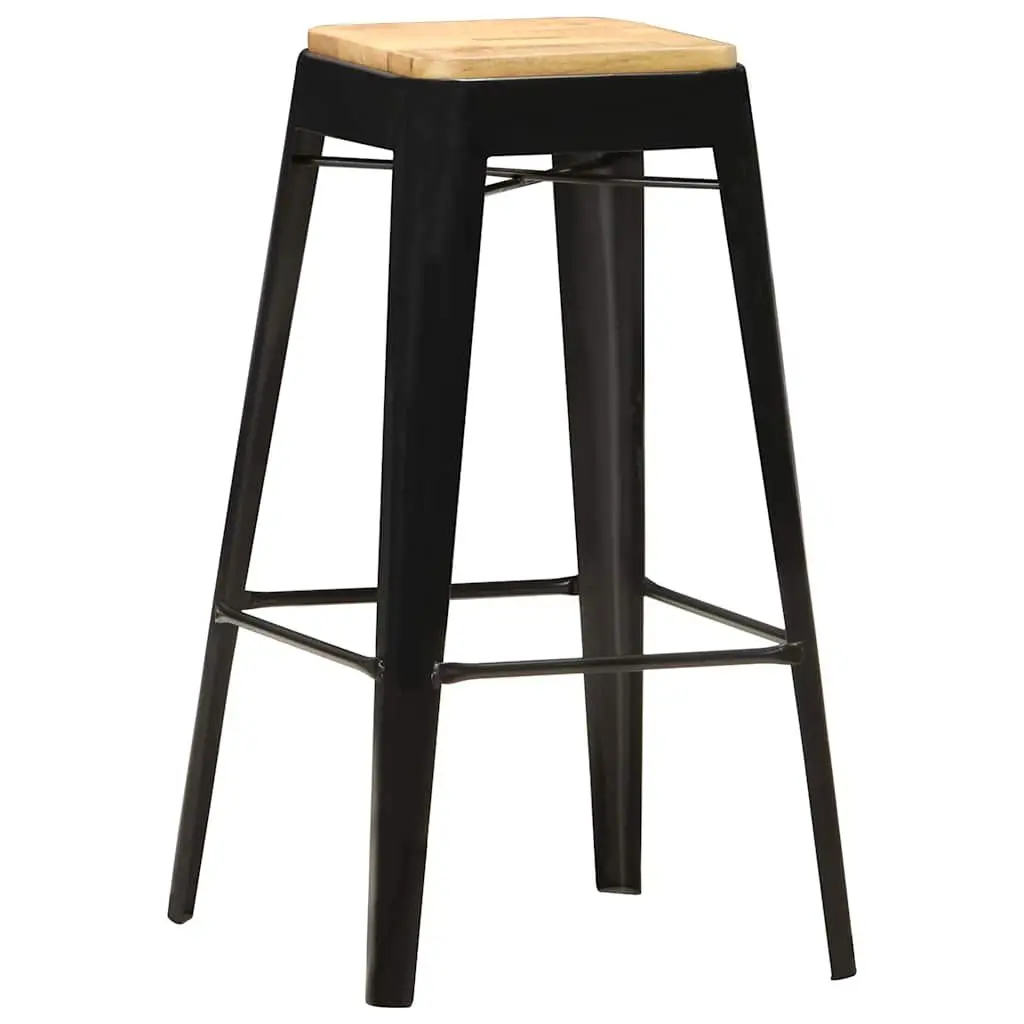 4 Piece Set Bar Stools Solid Mango Wood Black Kitchen Dining Chairs with Powder Coated Steel Legs