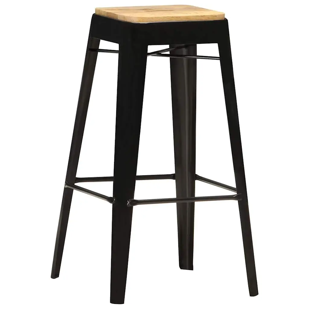 4 Piece Set Bar Stools Solid Mango Wood Black Kitchen Dining Chairs with Powder Coated Steel Legs