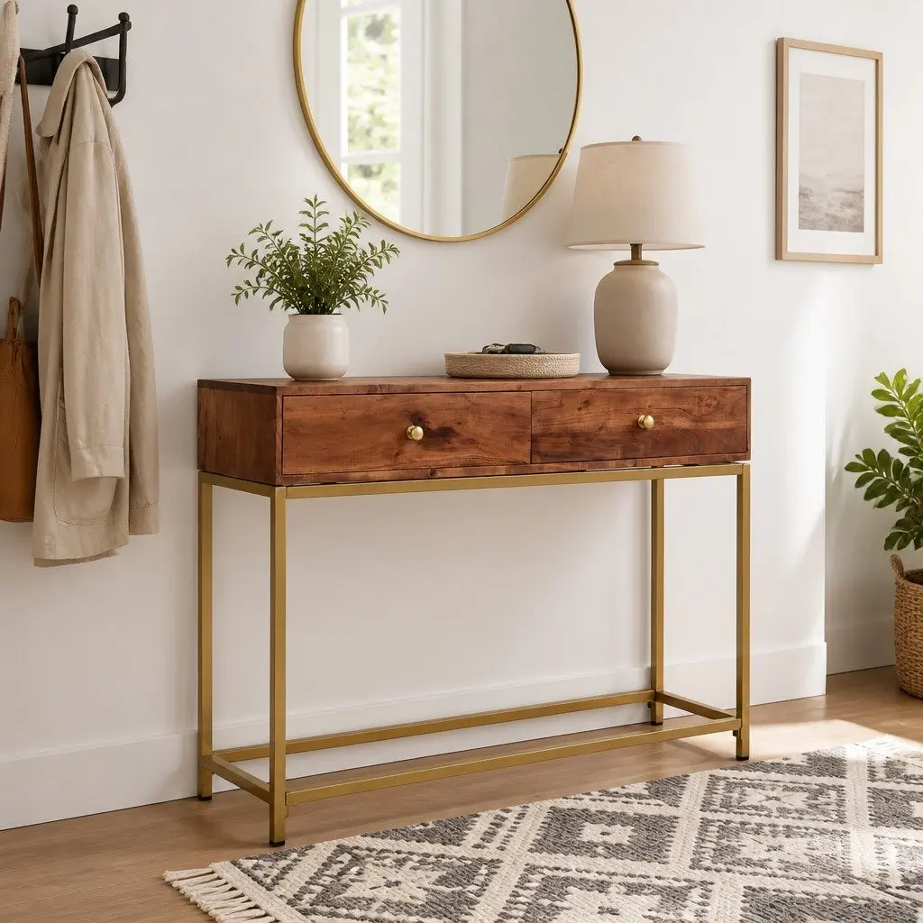 Wooden Console Table 100x35x76 cm Handmade with Two Slide-out Drawers for Storage