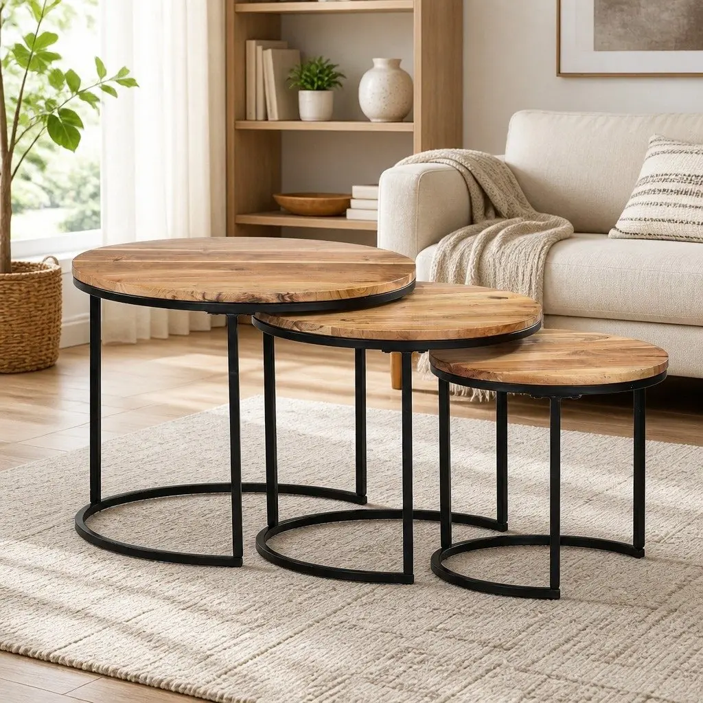 Nesting Tables 3 Piece Solid Acacia Wood Brown Side Coffee Table Set