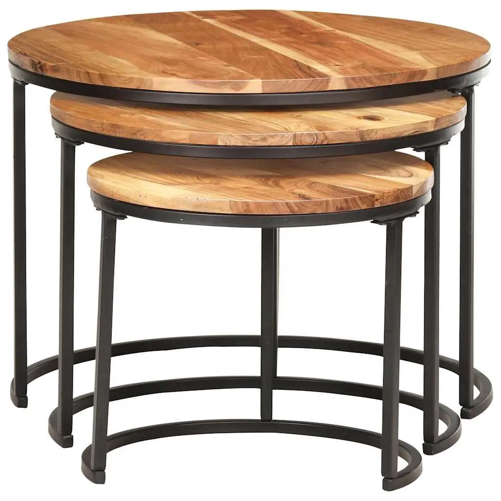 Nesting Tables 3 Piece Solid Acacia Wood Brown Side Coffee Table Set