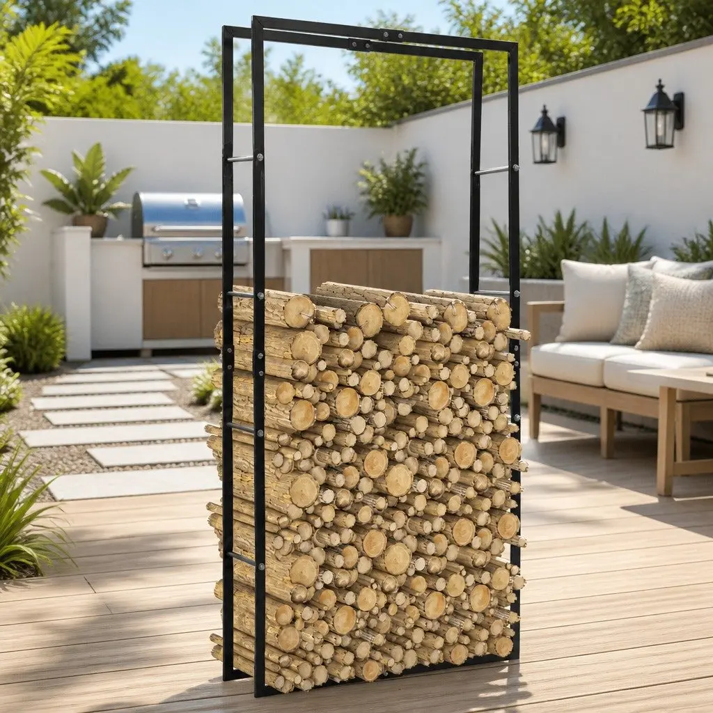Firewood Rack Black Steel Tall Log Holder for Organized Storage