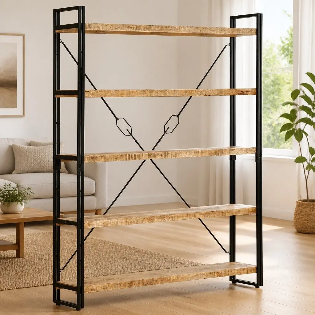 5-Tier Bookcase 140x30x180 cm Solid Mango Wood Industrial Shelving Unit