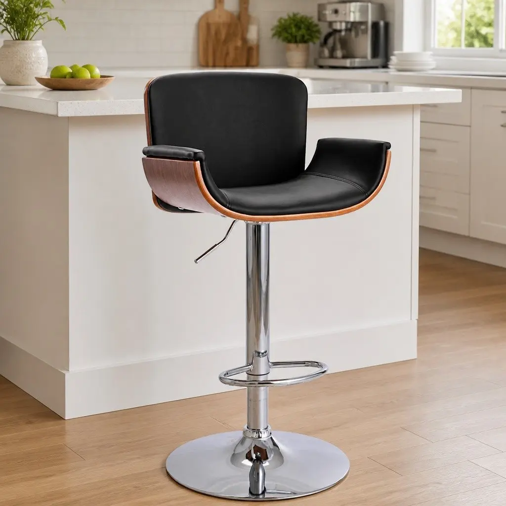 Black Bar Stool Height Adjustable Padded Faux Leather Seat with Footrest
