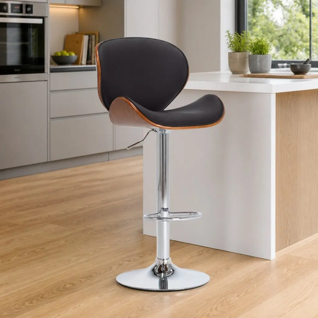 Bar Stool Black Faux Leather Seat Height Adjustable Gas Lift Footrest