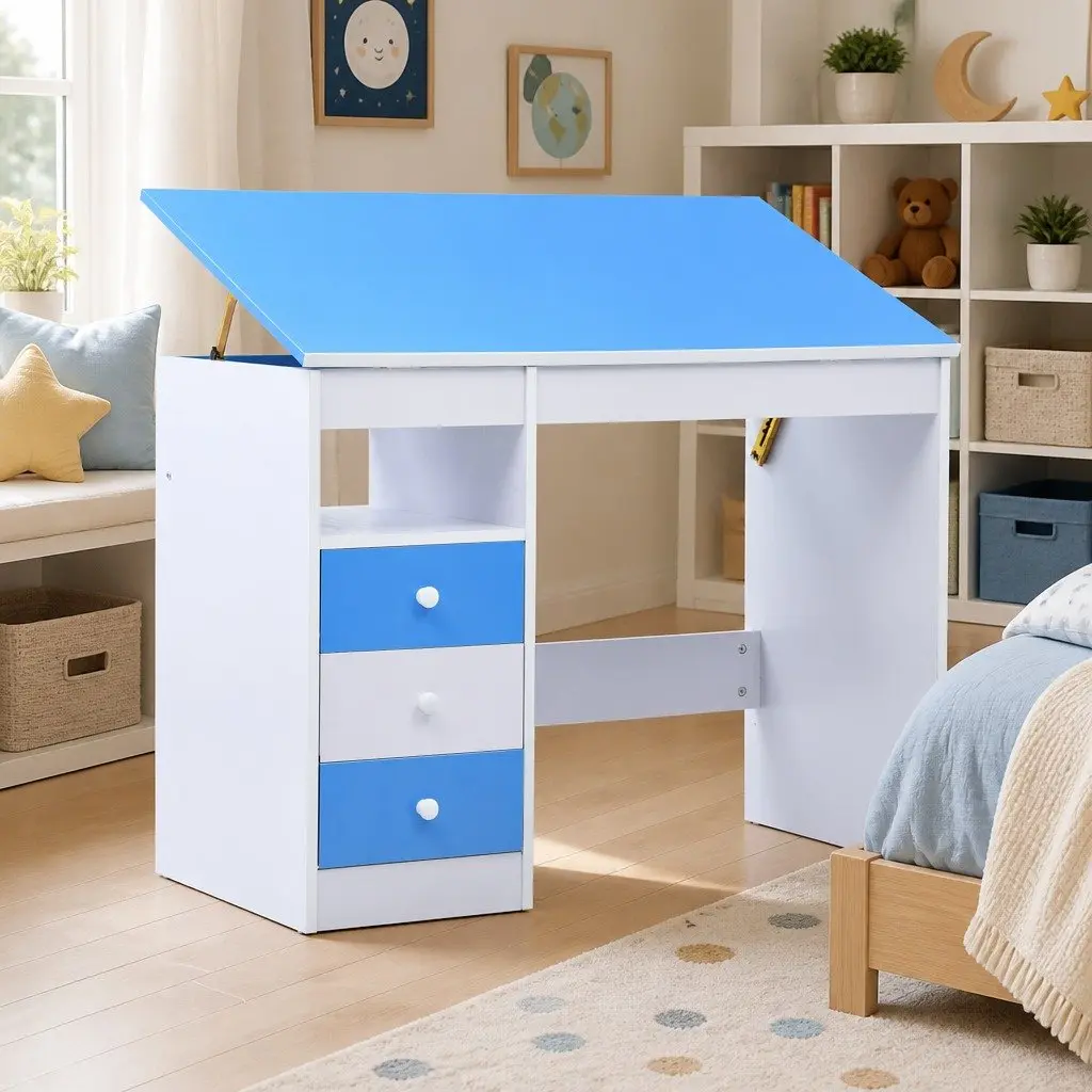 Children's Art Drafting Table Tiltable Study Desk Blue White Ergonomic Workspace