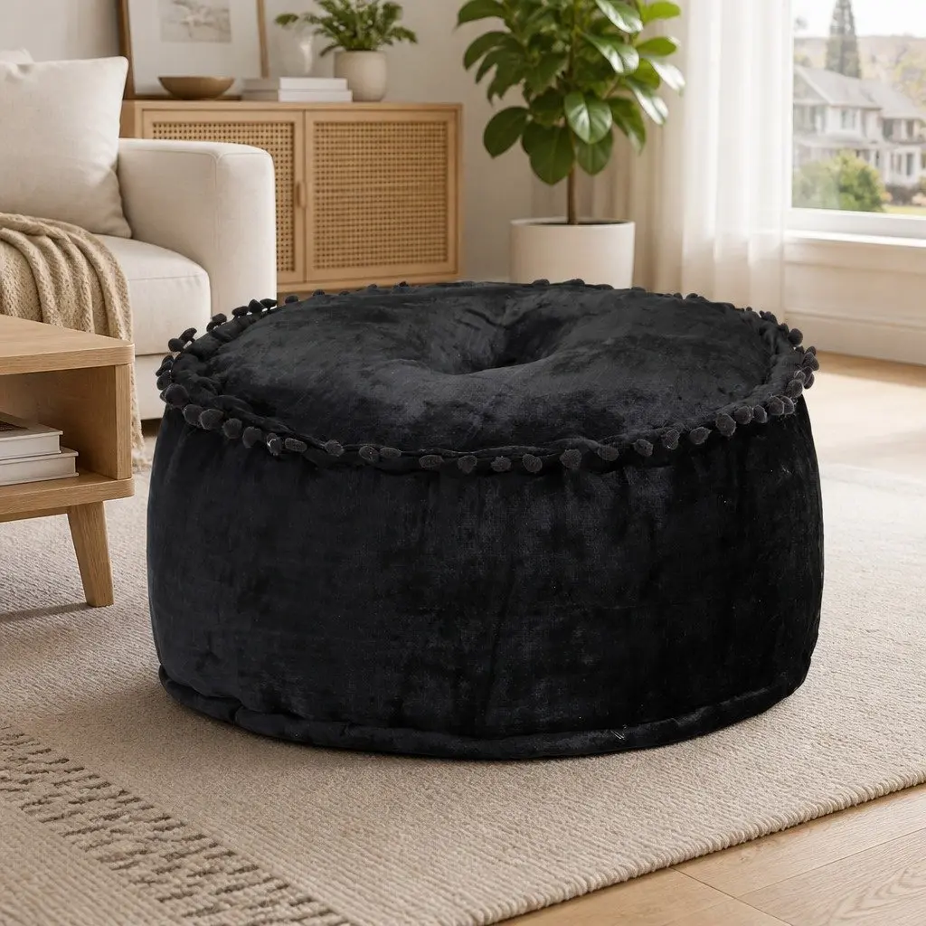 Round Velvet Pouffe 40x20 cm Anthracite Footrest Ottoman Seat Stool