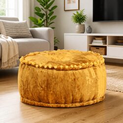 Stylish Round Velvet Pouffe 40x20cm in Mustard Yellow