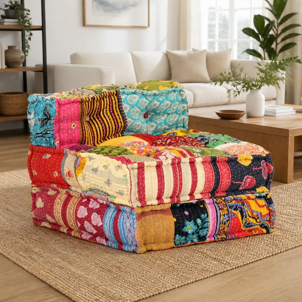 Modular Pouffe Multicolour Patchwork Fabric Convertible Sofa Chaise Lounge Chair