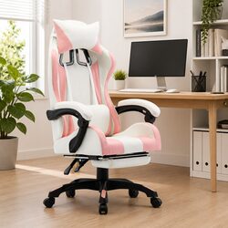 Stylish Pink Office Chair with Reclining Backrest and Footrest
