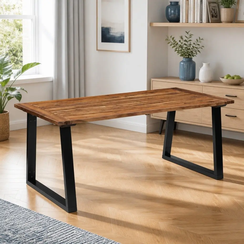 Dining Table 180x90cm Solid Acacia Wood Live Edge Industrial Style Metal Legs