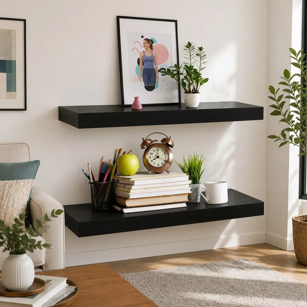 Floating Wall Shelves 40x20cm Black Display Storage Organizer Set 2 Piece