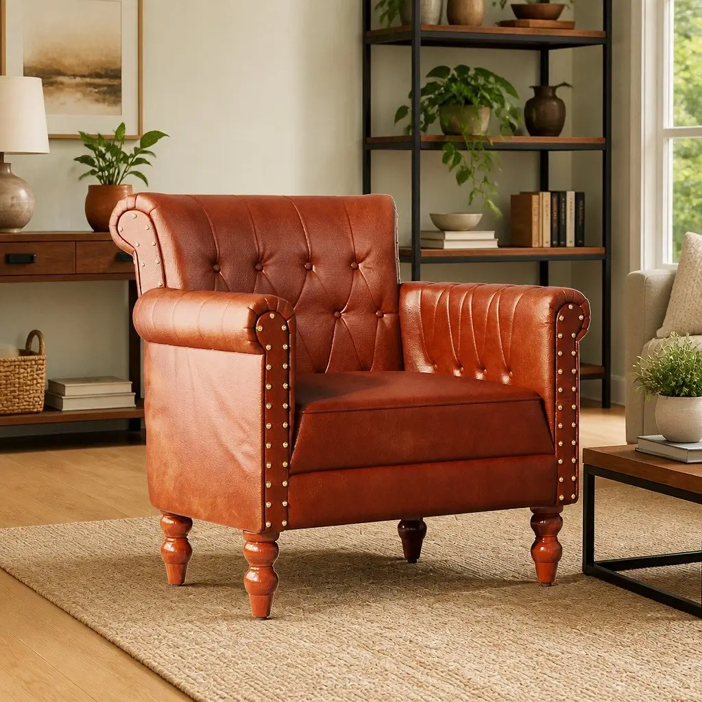 Armchair Brown Real Goat Leather Upholstered Solid Mango Wood Legs Living Room