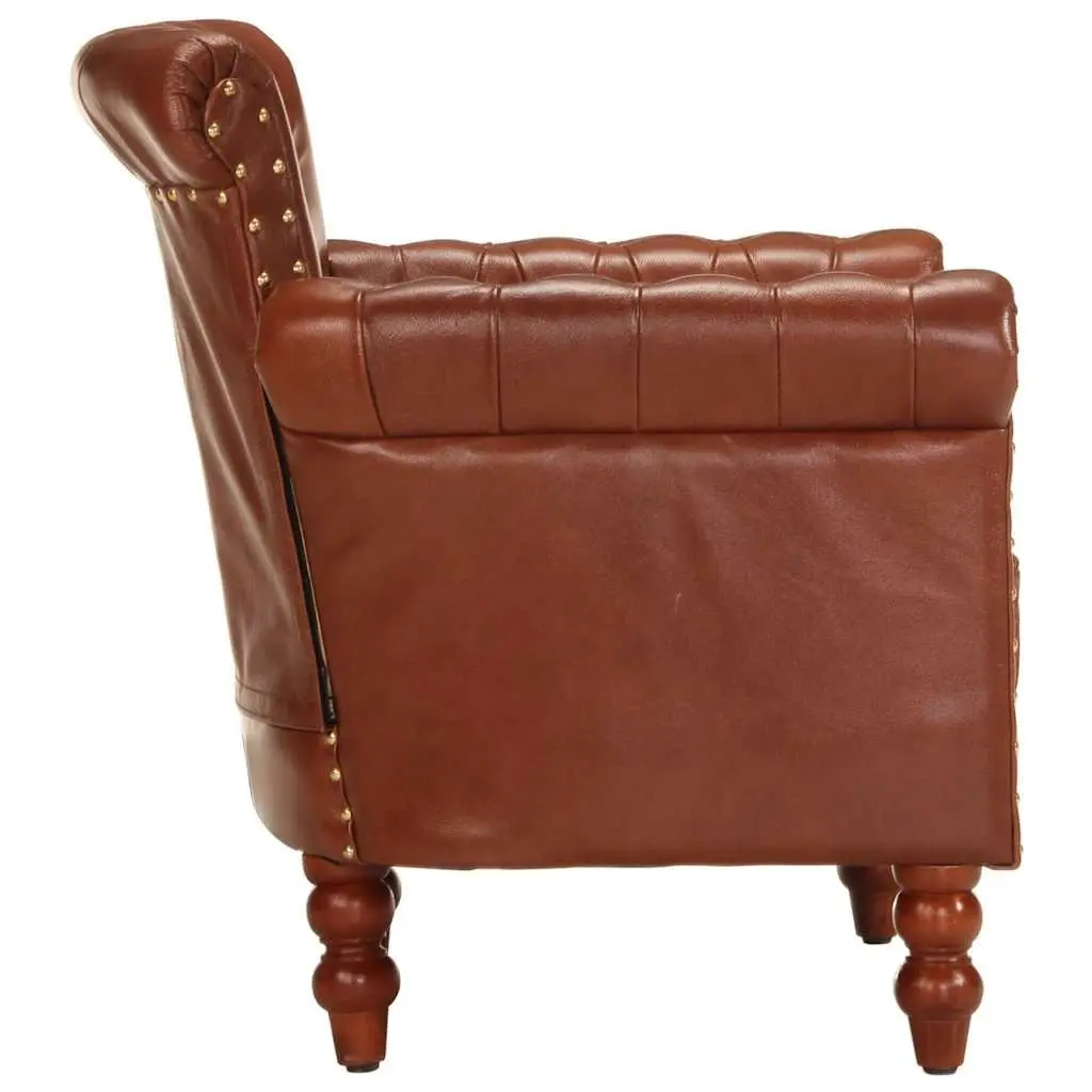 Armchair Brown Real Goat Leather Upholstered Solid Mango Wood Legs Living Room