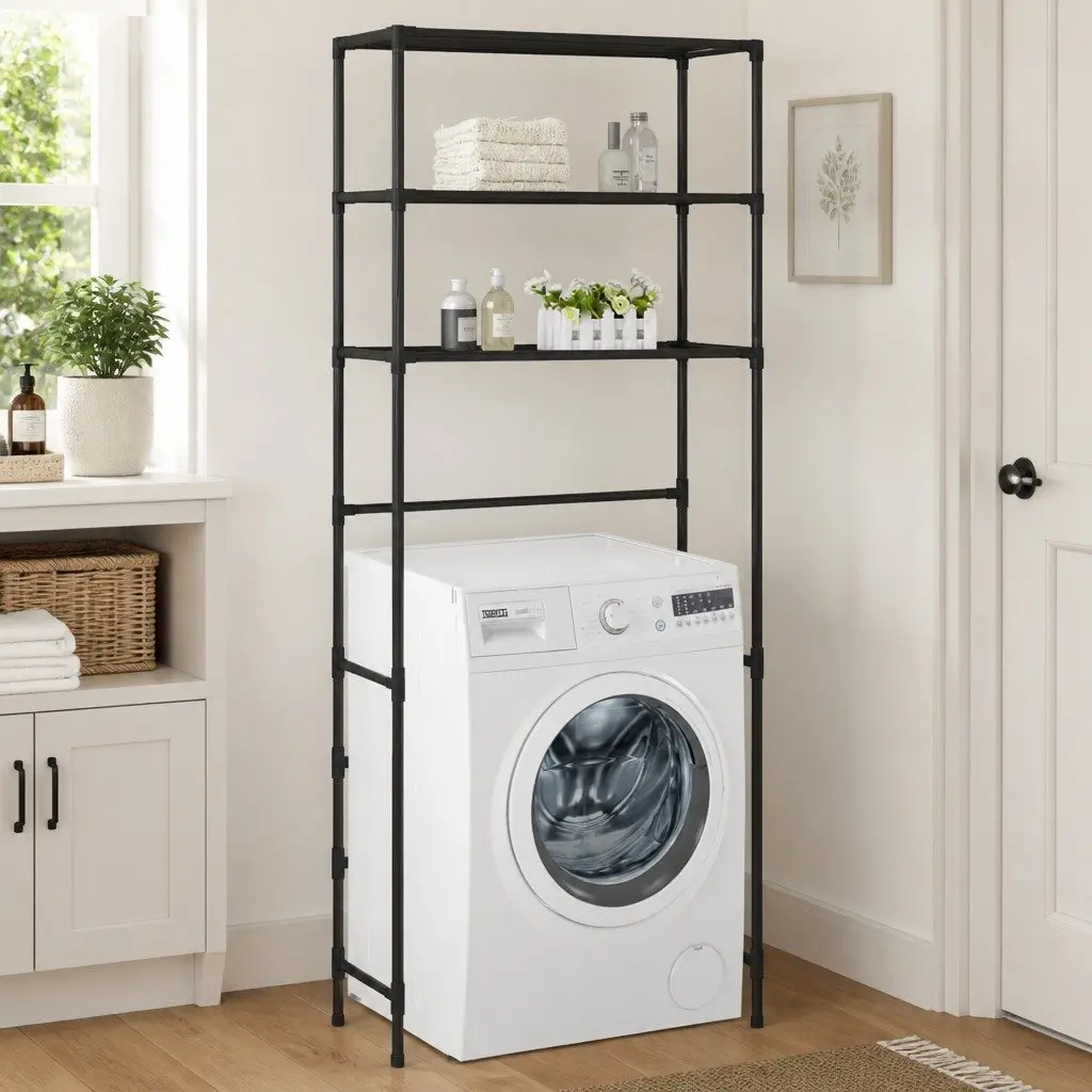 3-Tier Storage Rack Over Laundry Machine Black Stainless Steel Organiser