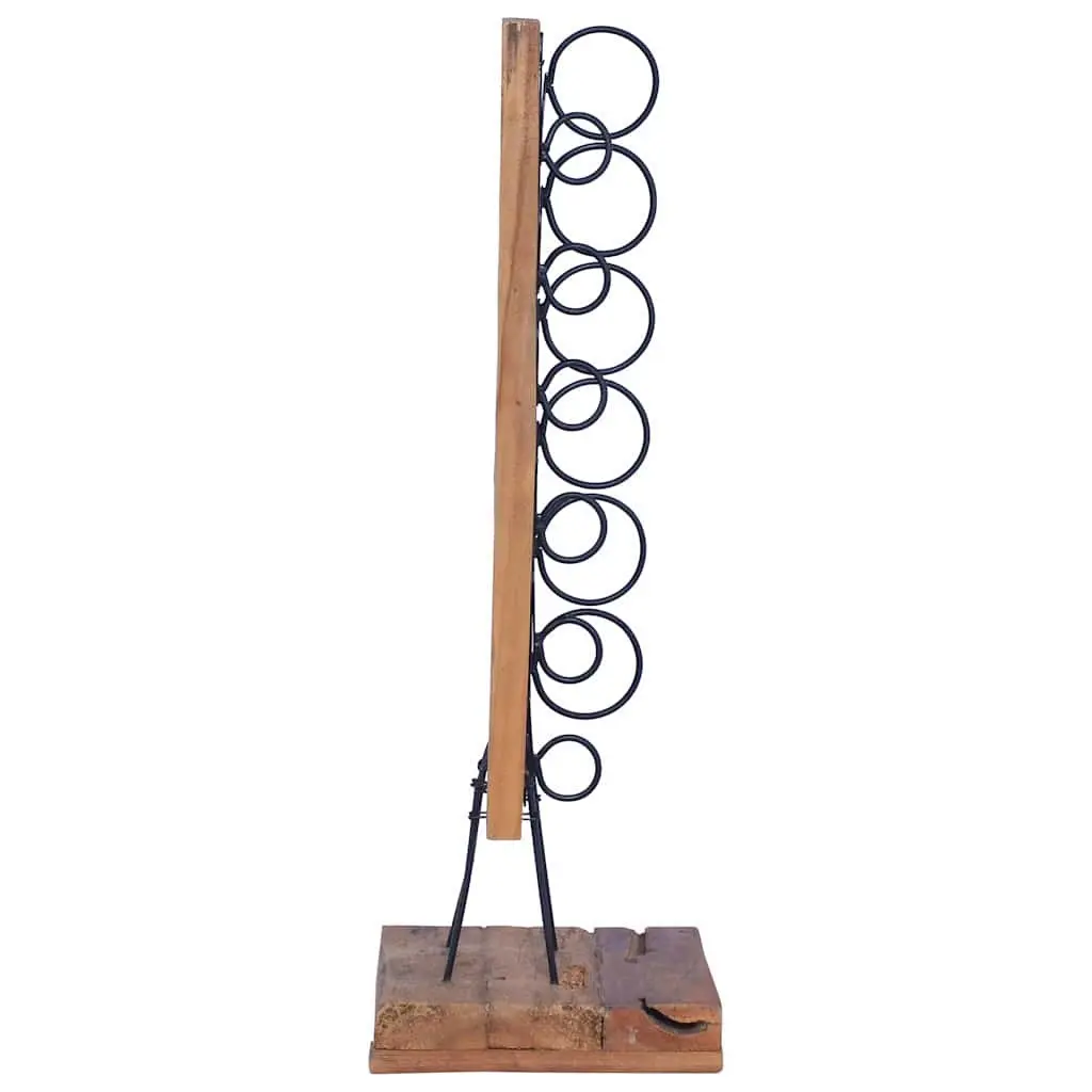 Wine Rack 6 Bottles Wooden Floor Stand Vintage Style Teak Wood with Rod Iron Supports