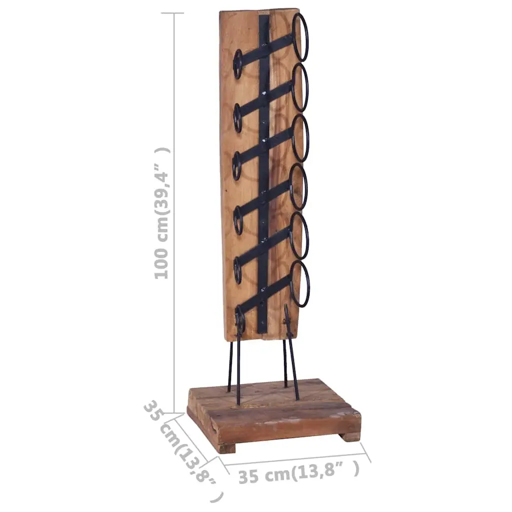 Wine Rack 6 Bottles Wooden Floor Stand Vintage Style Teak Wood with Rod Iron Supports