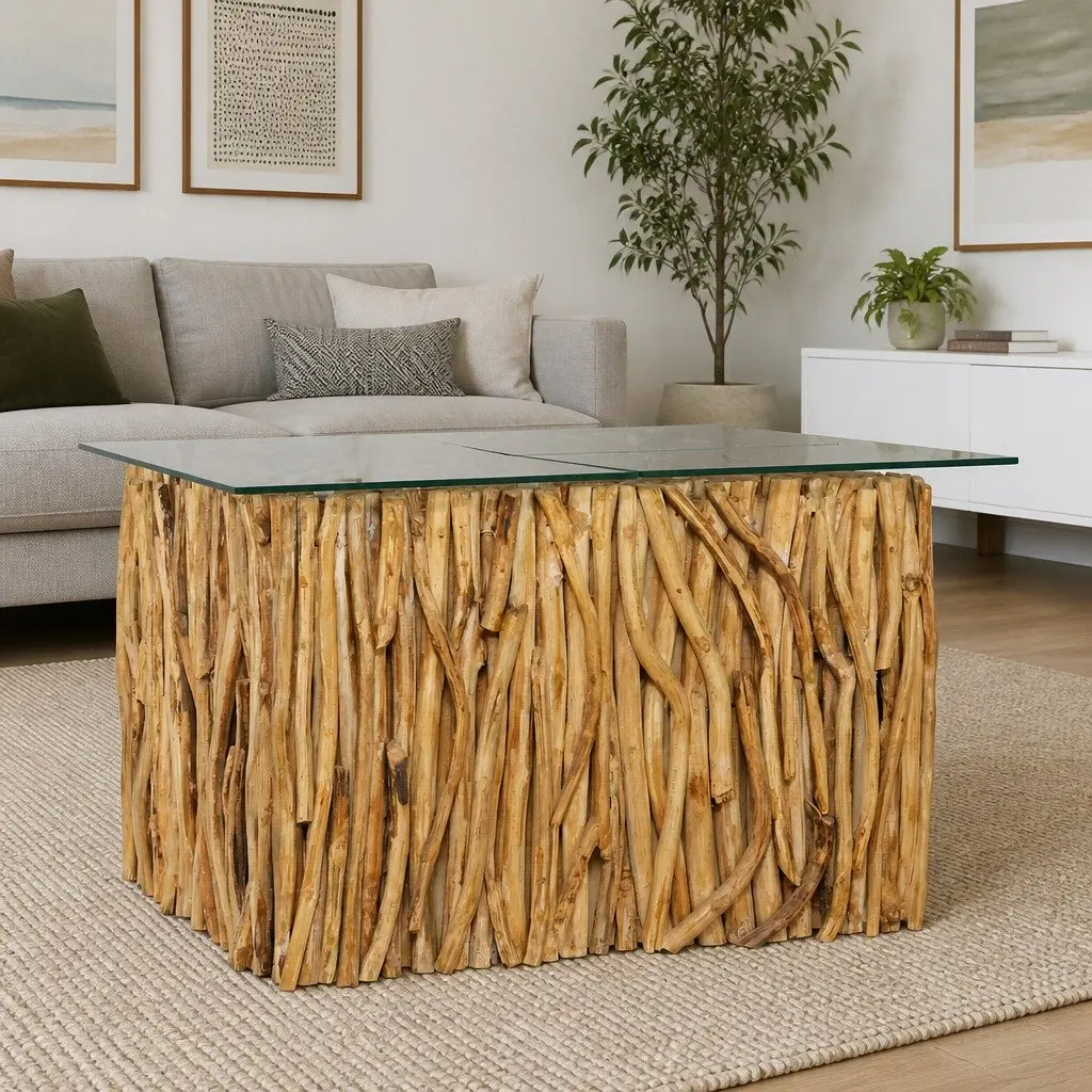 Coffee Table 66x66x40cm Solid Teak Wood Glass Top Living Room Accent Side Table