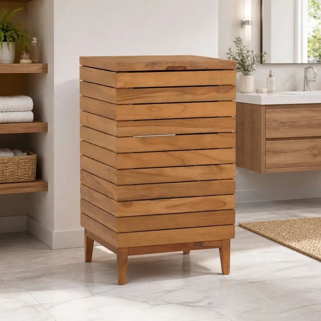 Laundry Basket Brown Slatted Design Solid Teak Wood Storage Bin Household
