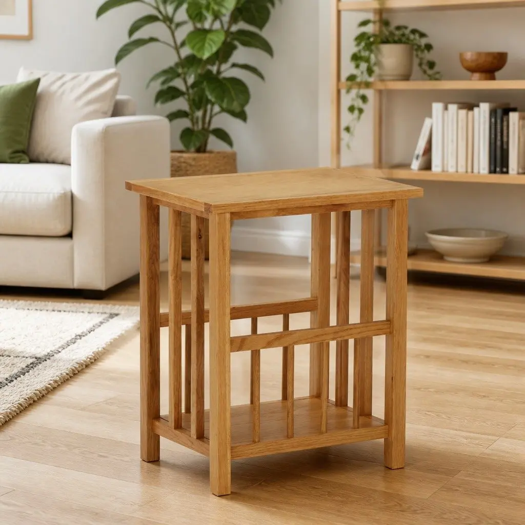 End Table 45x35x55cm Oak Wood Compact Accent Furniture with Magazine Rack Shelf Brown
