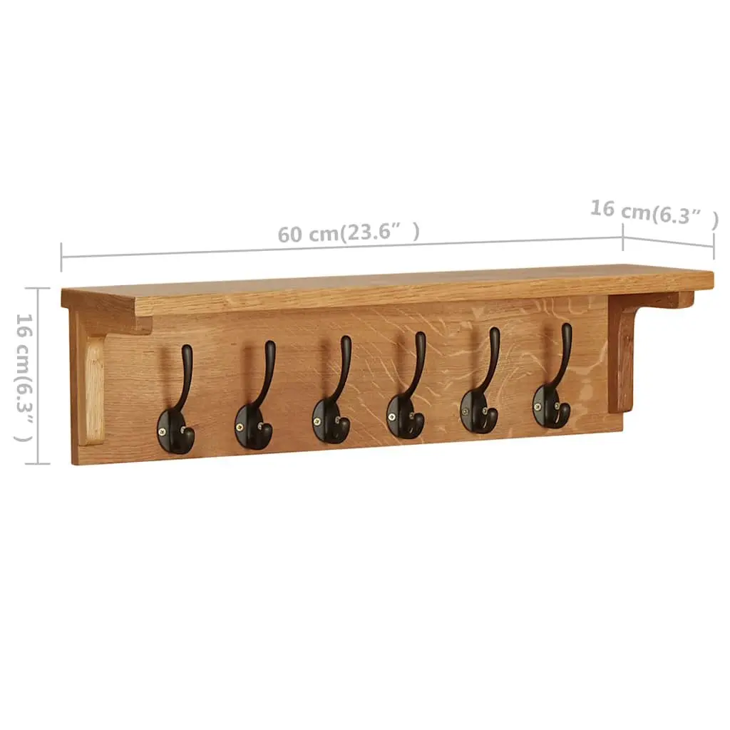 Coat Rack Solid Oak Wood Wall Mount 6 Hooks Brown Home Entryway Storage