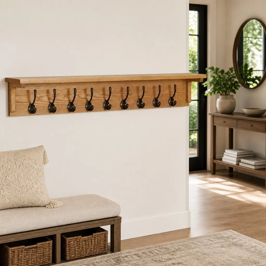 Wall-Mounted Coat Rack 9 Hooks Solid Oak Wood Entryway Hallway Storage