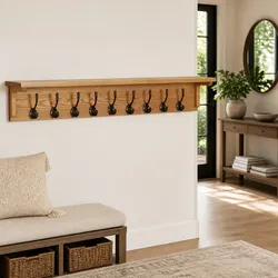 Solid Oak Wood Coat Rack 9 Hooks Wall-Mounted Entryway Hallway Wardrobe Storage