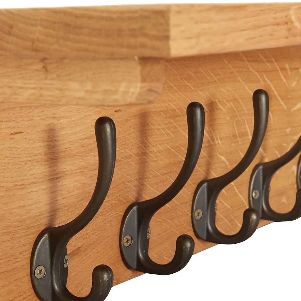 Wall-Mounted Coat Rack 9 Hooks Solid Oak Wood Entryway Hallway Storage
