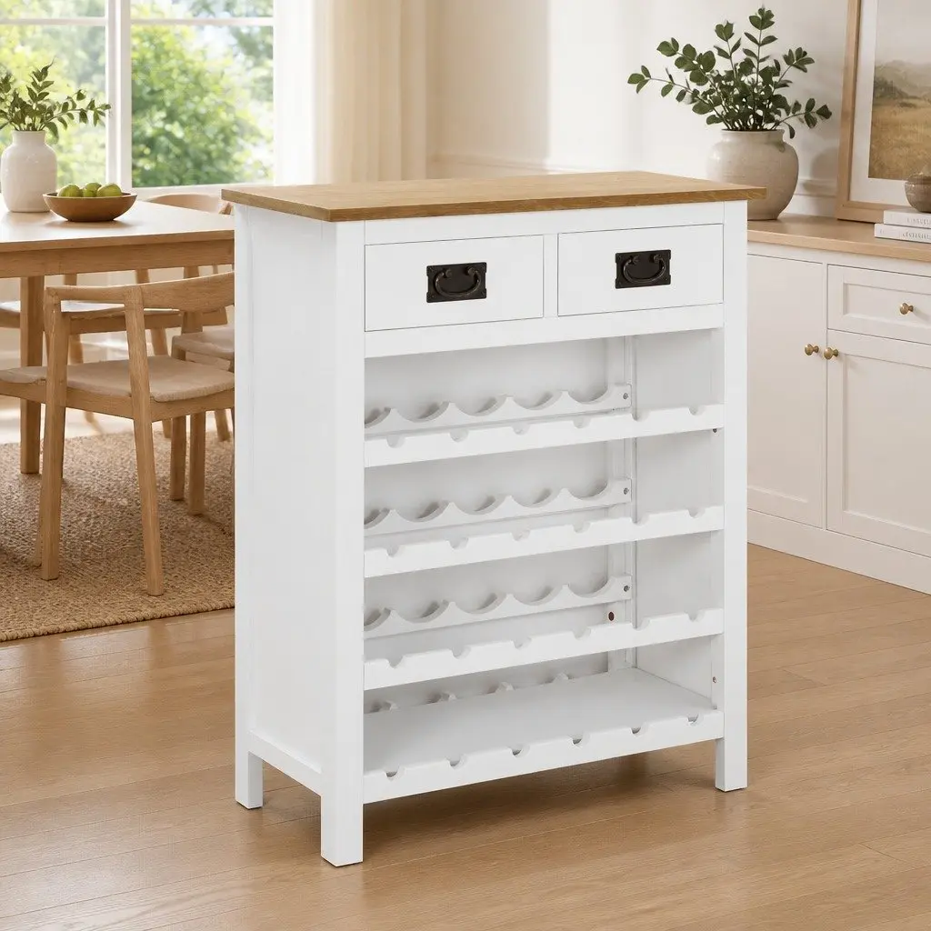 Wine Cabinet Brown Solid Oak Wood Open Racks Drawers Storage Furniture