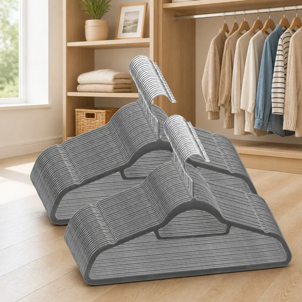 Clothes Hanger Set 50 Piece Grey Velvet Anti-slip Durable Storage
