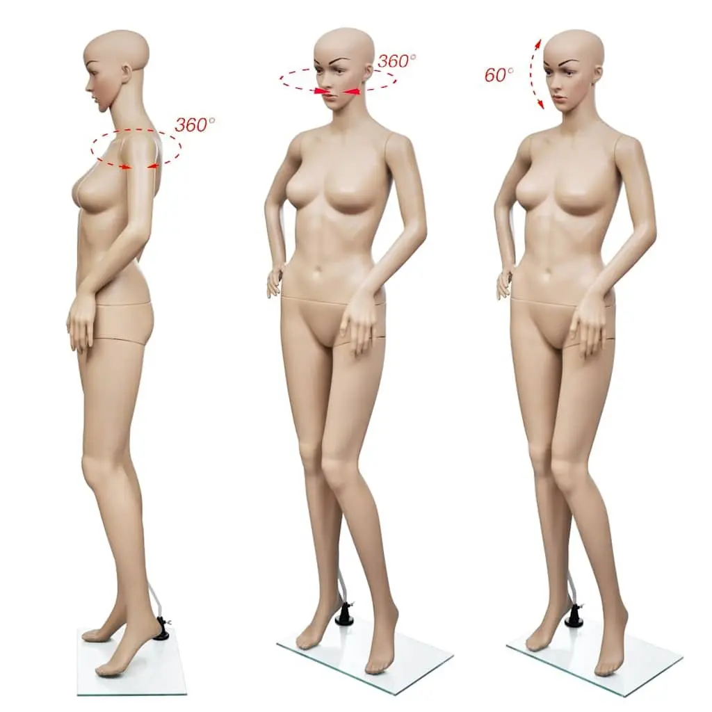 Beige Full Body Mannequin Display Torso for Women with Rotating Head Arms and Glass Base Stand