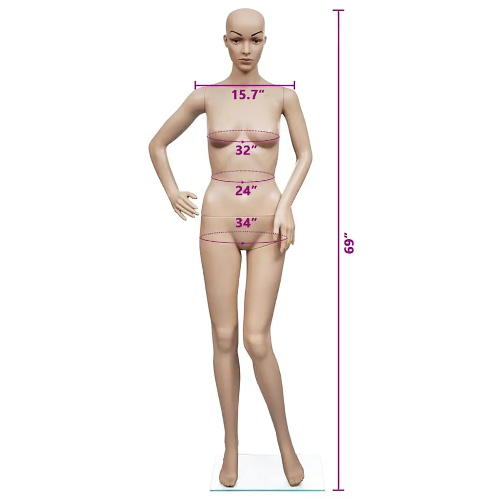 Beige Full Body Mannequin Display Torso for Women with Rotating Head Arms and Glass Base Stand