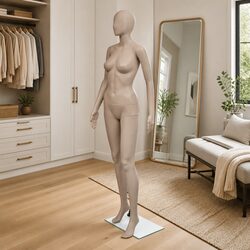 Female Display Mannequin Round Head Beige Torso with Glass Base Stand