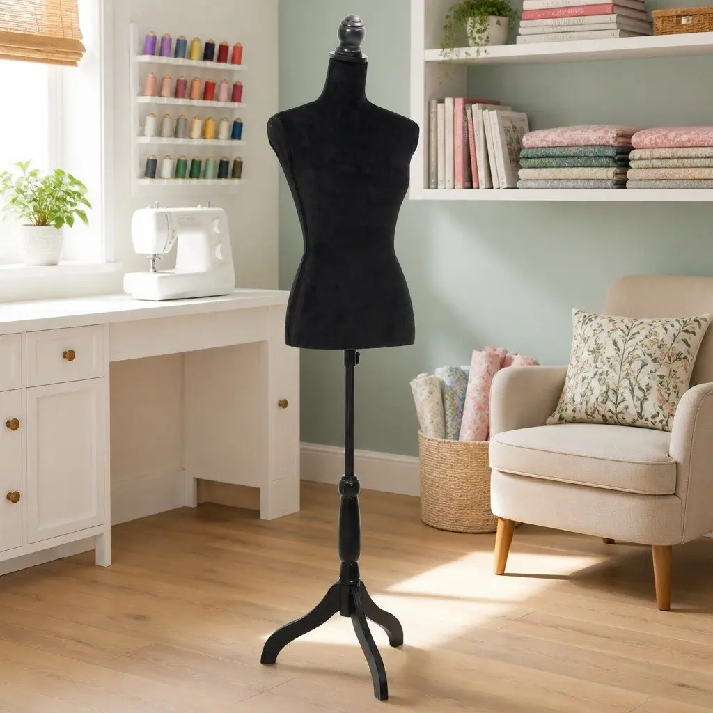 Ladies Bust Display Mannequin Adjustable Torso Black Velvet 133 cm to 168 cm