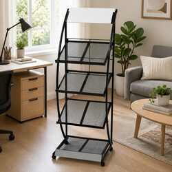Magazine Rack A4 Display Stand 4 Shelf Storage Organizer Castor Wheels Black