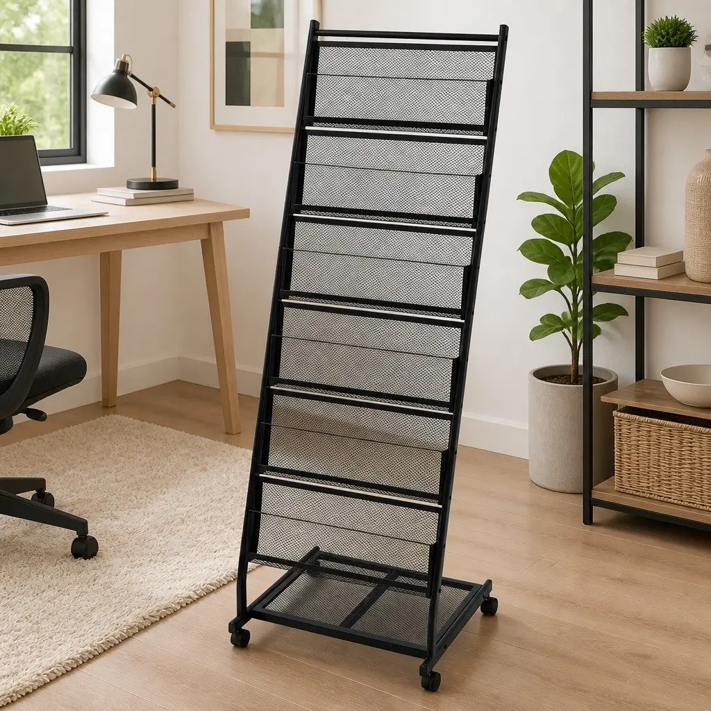 Magazine Rack A4 Black Display Stand with Castor Wheels 47.5x43x133 cm