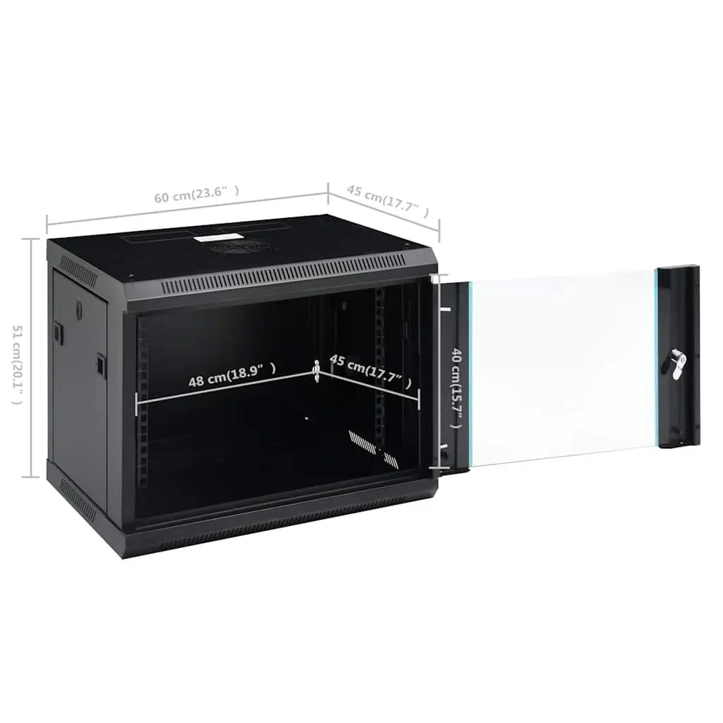 9U Wall Mounted Network Cabinet 19 Inch Data Server Rack Enclosure 600x450x510mm Solid Structure Removable Side Panels Lockable Front Door