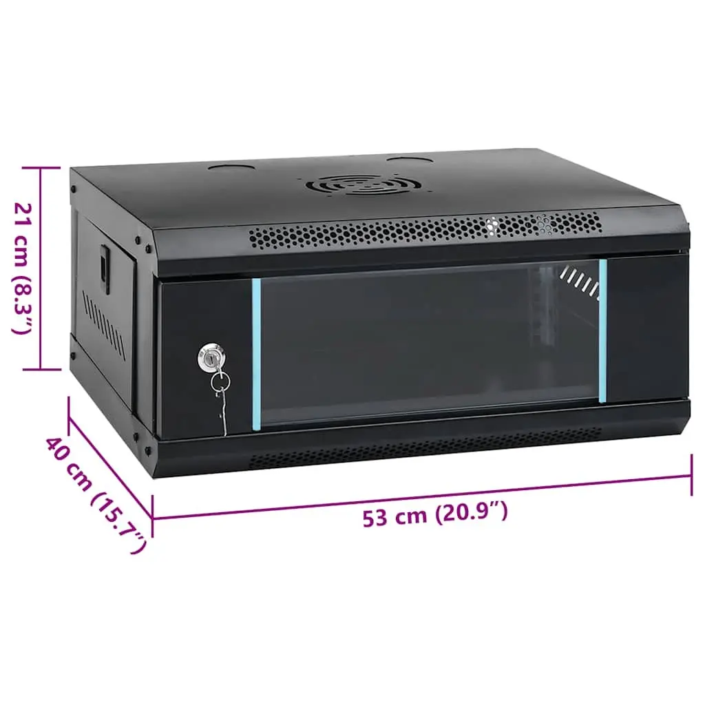 4U Wall Mounted Network Cabinet 19" IP20 Lockable Front Door Removable Side Panels Black 53x40x21cm Data Server Rack Enclosure