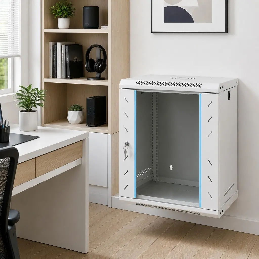 12U Wall Mounted Network Cabinet 19" Grey Lockable Front Door Removable Side Panels
