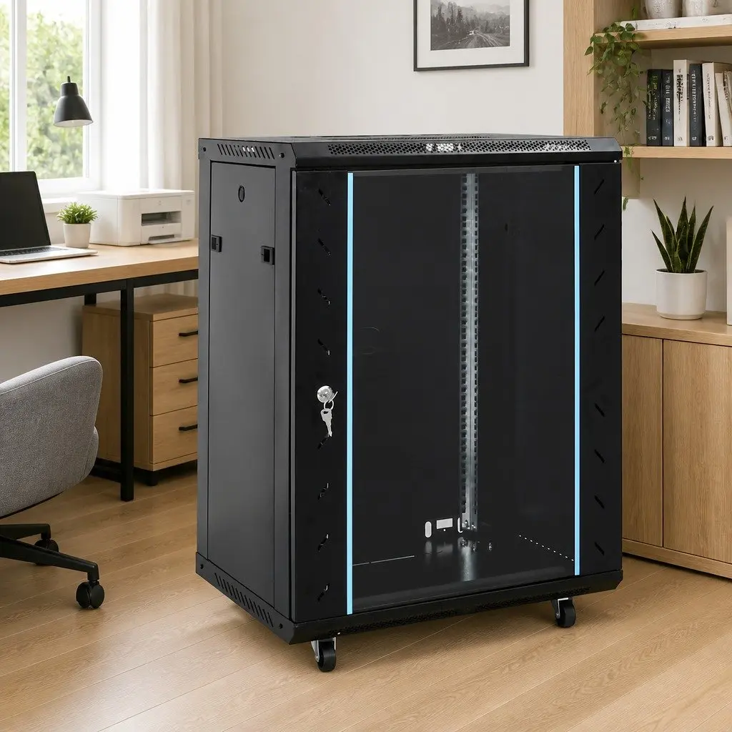 15U Network Cabinet 19 Inch Rack Mount Server Storage Enclosure Swivel Feet Black