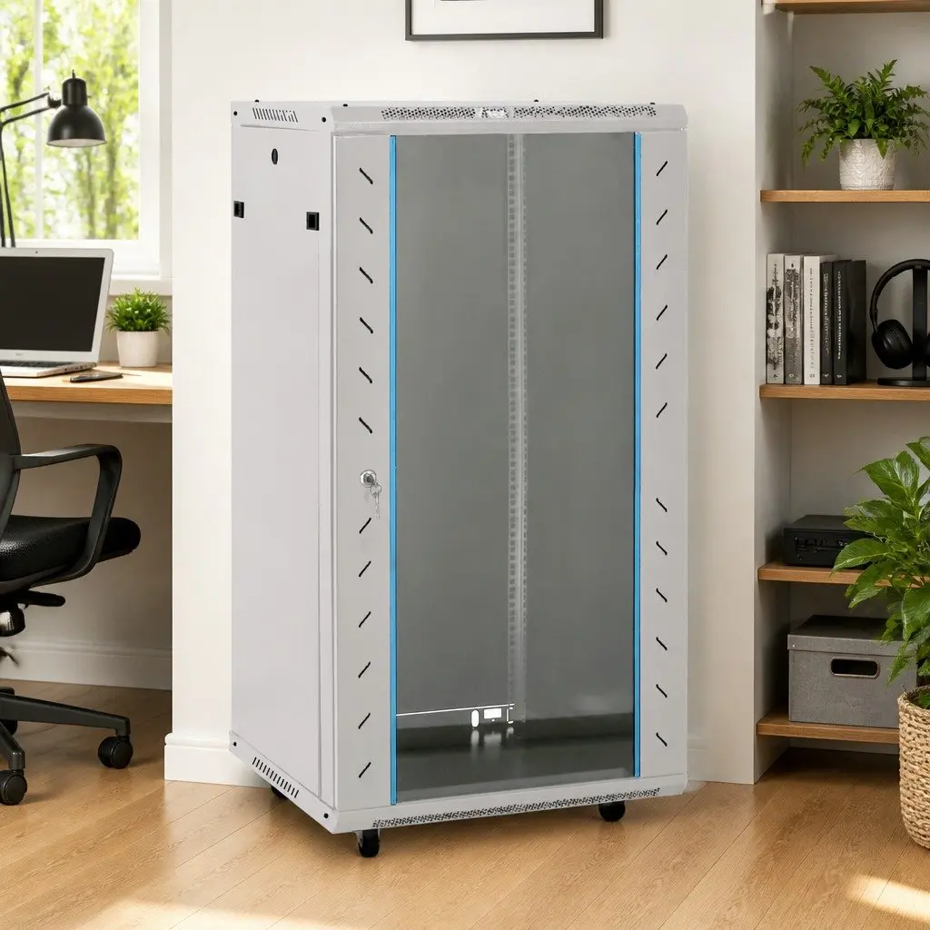 22U Network Cabinet 19" Grey Lockable Data Storage Rack with Swivel Feet